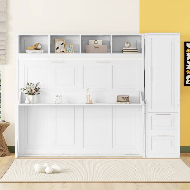 Full / Queen Murphy Bed with Closet and Drawers Space Saving Design - White - Queen