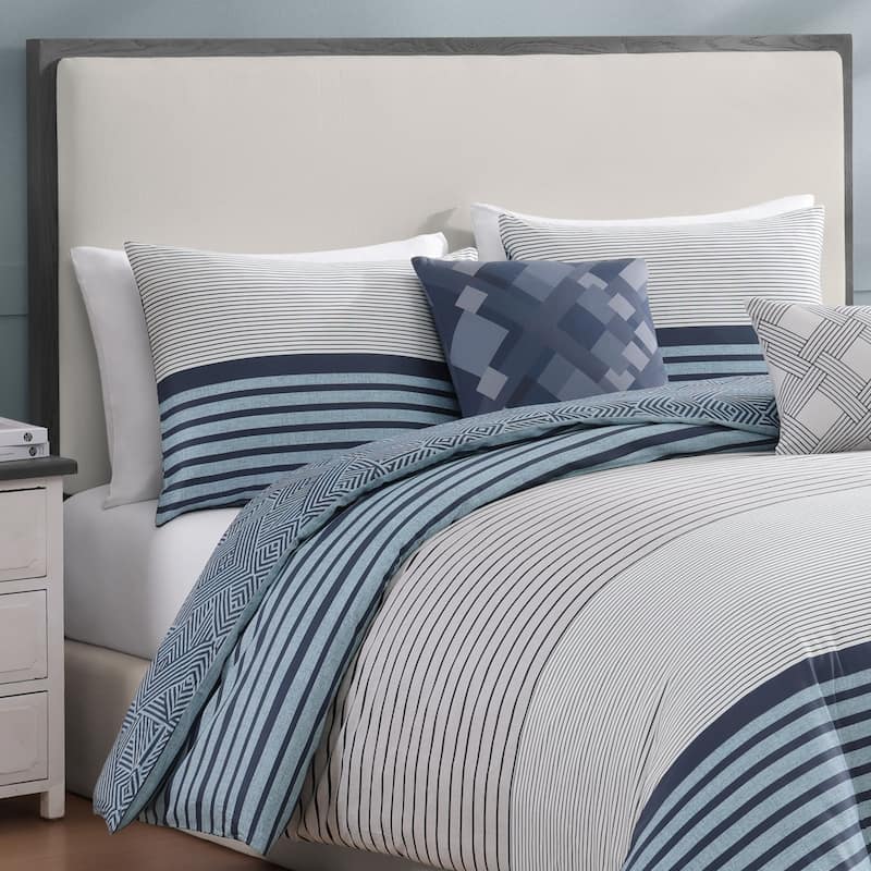 Bebejan Blue Geo Lines 100% Cotton Sateen5 Piece Reversible Comforter Set