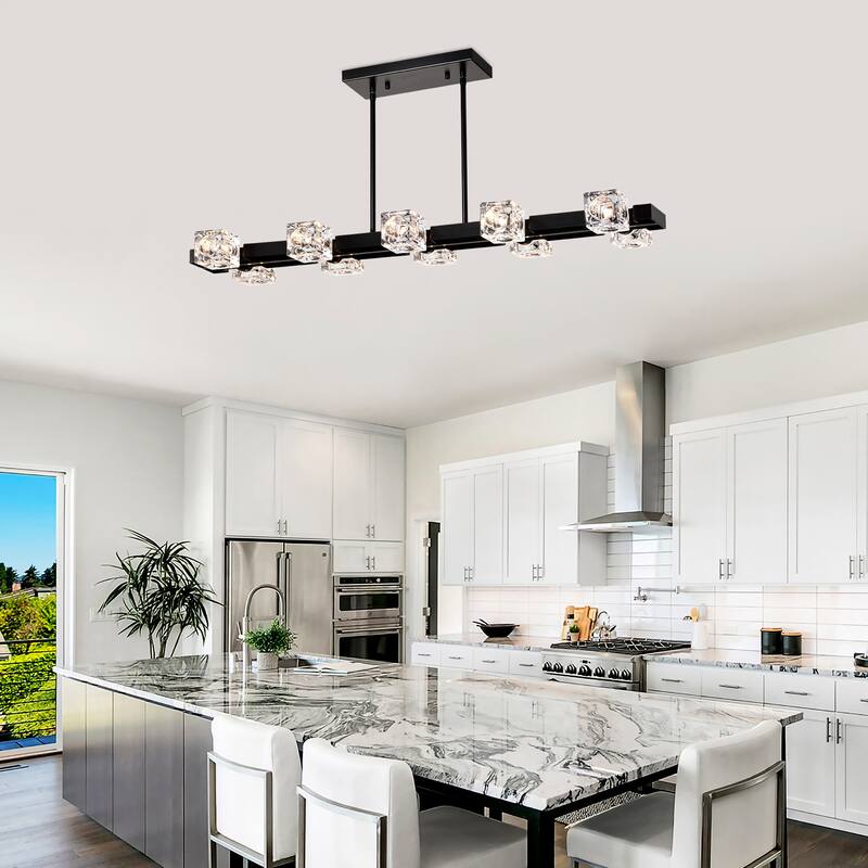 Modern Crystal Hanging Lighting Chandelie 10-Light Farmhouse Linear Pendant Light Fixture, for Dining Room, Kitchen, Bedroom