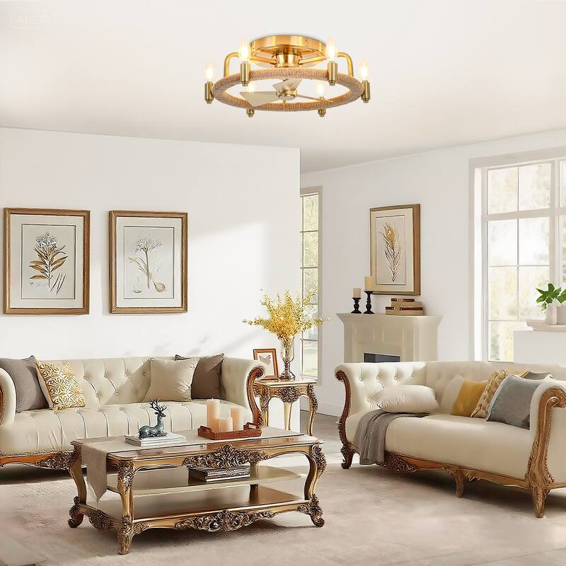 20" Gold Farmhouse Hemp Rope Low Profile Ceiling Fan with Light and Remote - 20.3 in. W × 6.5 in. H