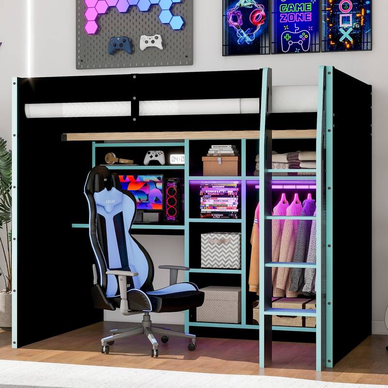 Full-Size Modern Gaming Wooden Loft Bed with RGB Lighting, Desk & Open Storage by Harper&Bright Designs