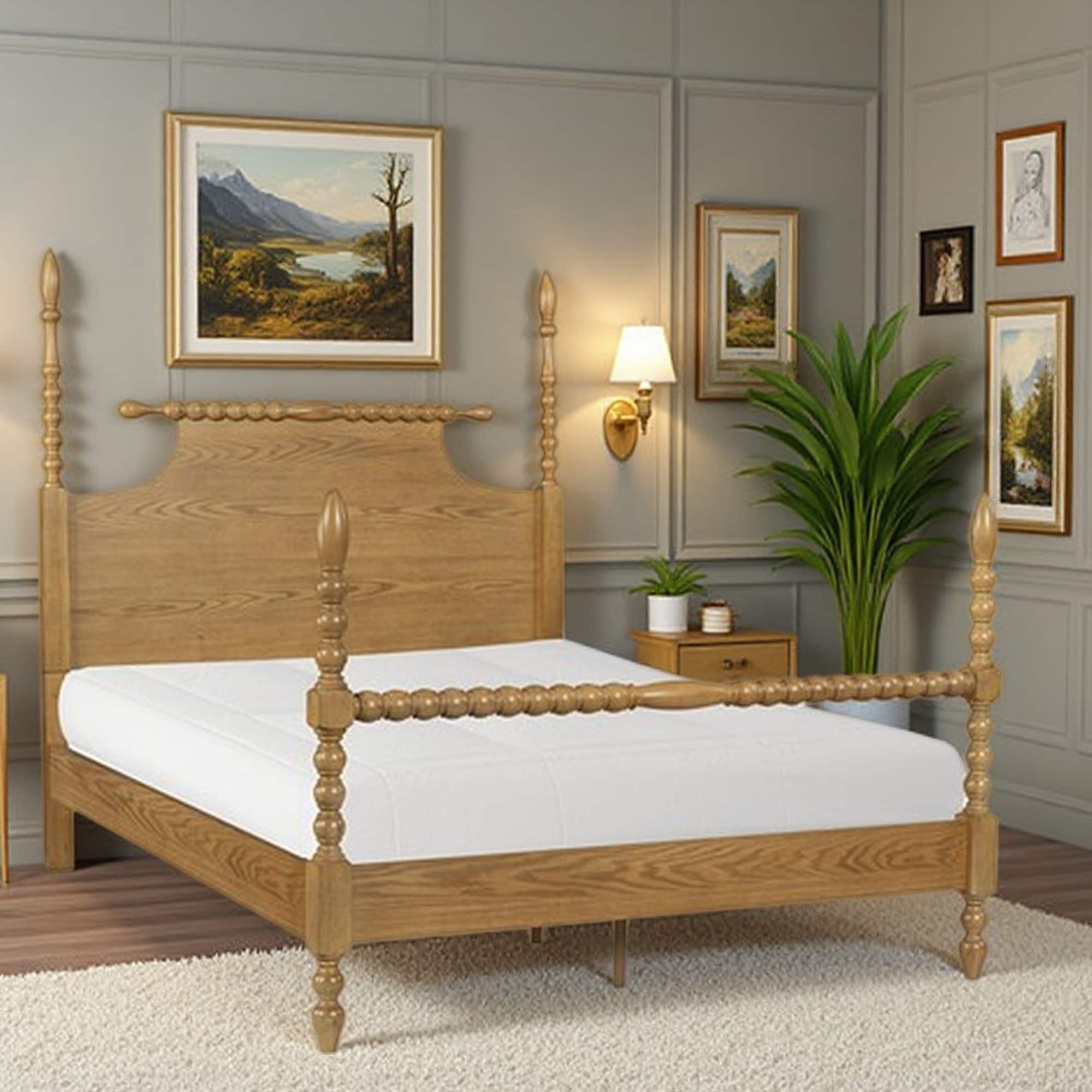 Queen Size Solid Wood Bed with Turned Post Design and Camel Oak Finish