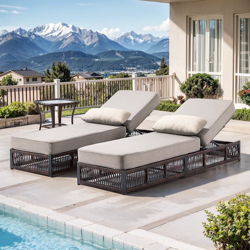 Pocassy 3 Pieces Patio Chaise Lounge Chair with Adjustable Backrest - Brown Wicker Gray Cushion