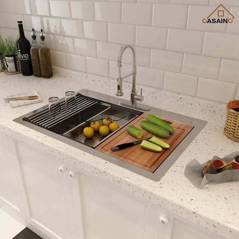 33 in. Drop-In Single Bowl 18 Gauge Brushed Stainless Steel Workstation Topmount Kitchen Sink with Sliding-Accessories