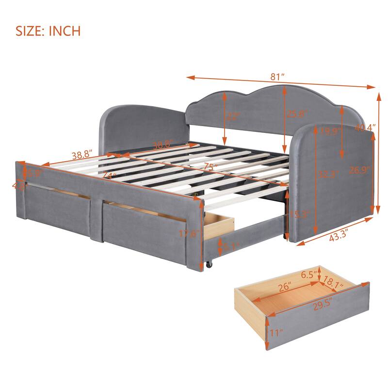 Twin Size Upholstered Daybed with Cloud-Shaped Backrest, Trundle, 2 Drawers, and USB Ports, Gray