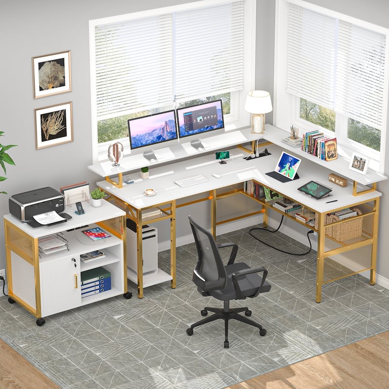 L Shape Computer Desk Reversible Gaming Desk with Charge Station and LED Light - White&Gold