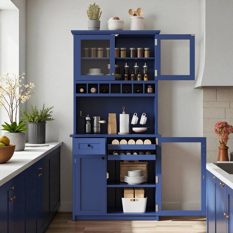 Farmhouse 35" Freestanding Buffet with Hutch, Tall Kitchen Pantry Cabinet with Wine Rack, Drawer, and Adjustable Shelves