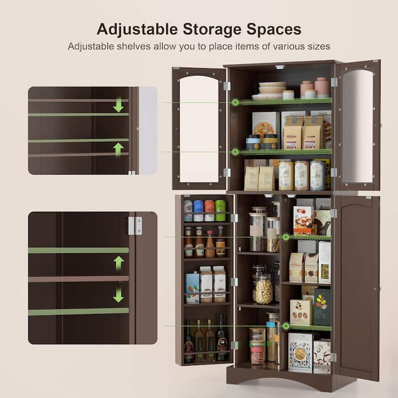 64" Kitchen Pantry Cabinet, Tall Storage Cabinet with Glass Doors and Adjustable Shelves