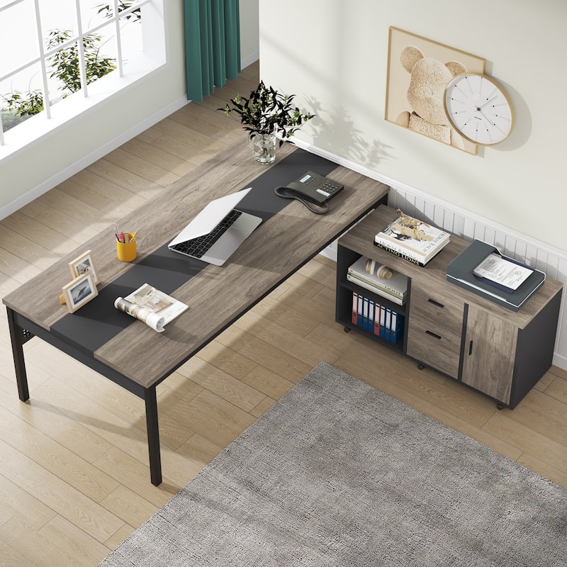 71 Inch Long Office Desk with Drawers & Mobile File Cabinet, L-Shaped Executive Desk with Storage for Home Office