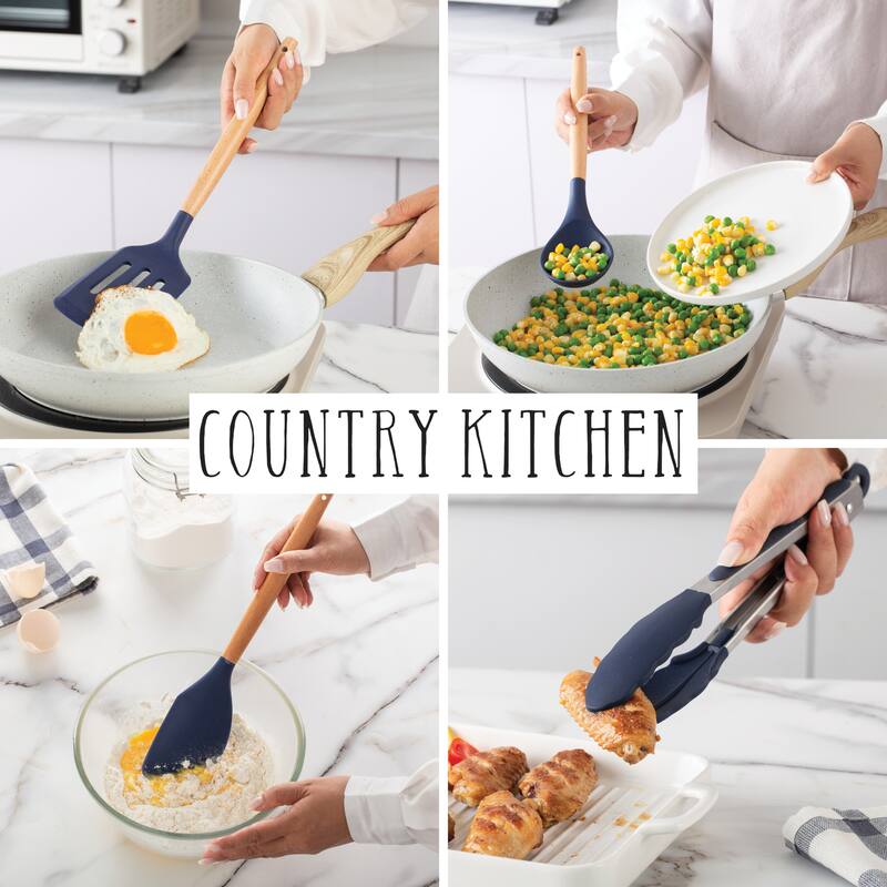 Country Kitchen Non Stick Silicone Utensil Set with Rounded Wood Handles for Cooking and Baking, 38 Piece Set