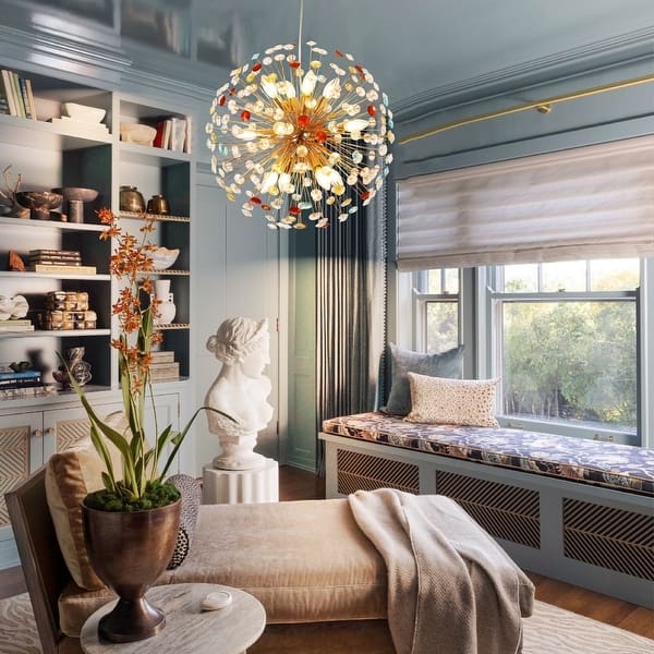 slide 2 of 20, 12-Light Modern Glam Sputnik Round Colorful Chandelier Globe Starburst Crystal Beaded Firework Chandelier - 21.6 in. W 21.6 in. W - Gold
