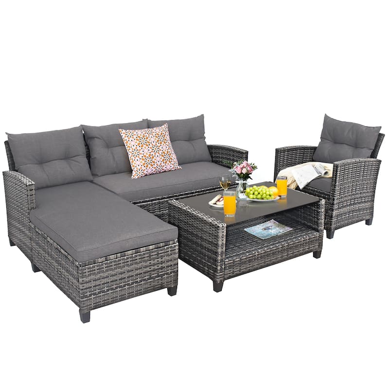 Costway 4PCS Patio Rattan Furniture Set Cushioned Loveseat Table Shelf - Grey - See Details