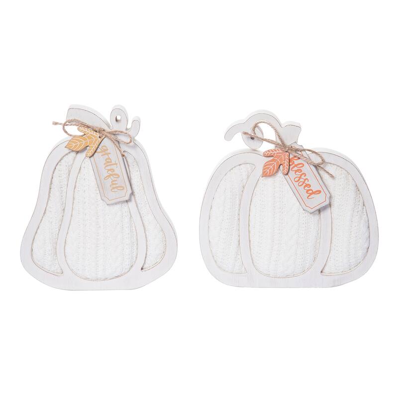 Transpac MDF/Fabric Cozy Pumpkin Decor w/Cable Knit Set of 2 Fall/Harvest Home Decorations