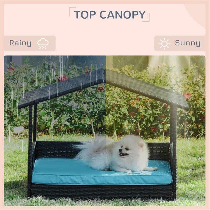 Brown-Blue PE Rattan Steel Dog Sofa with Cushion and Anti-Slip Pads - 38.5" L x 27.25" W x 28.75" H