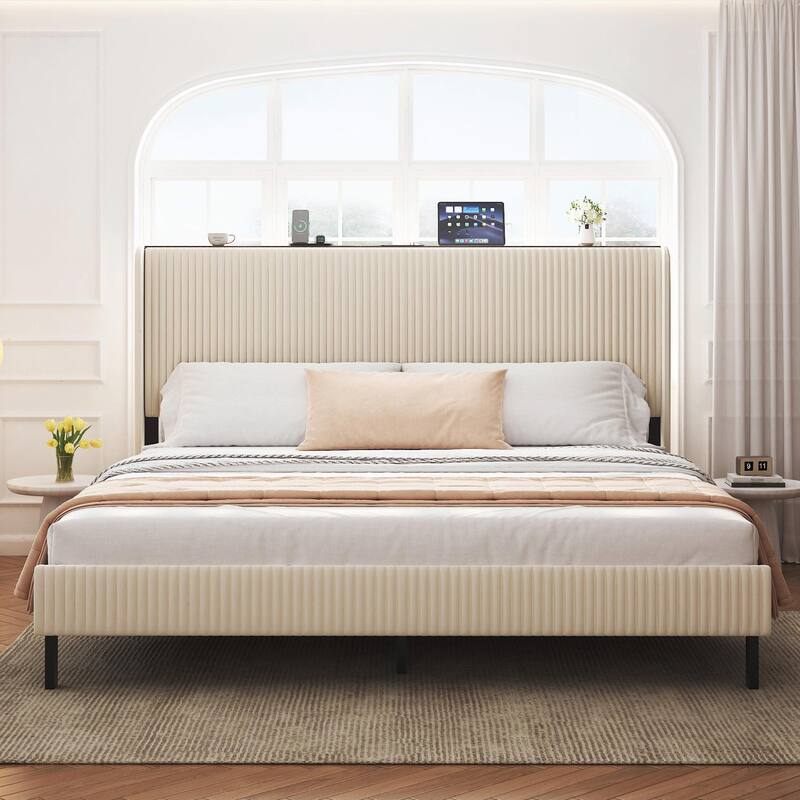 Platform Bed, Metal Bed Frame with Charging Station, No Box Spring Needed - Beige - King