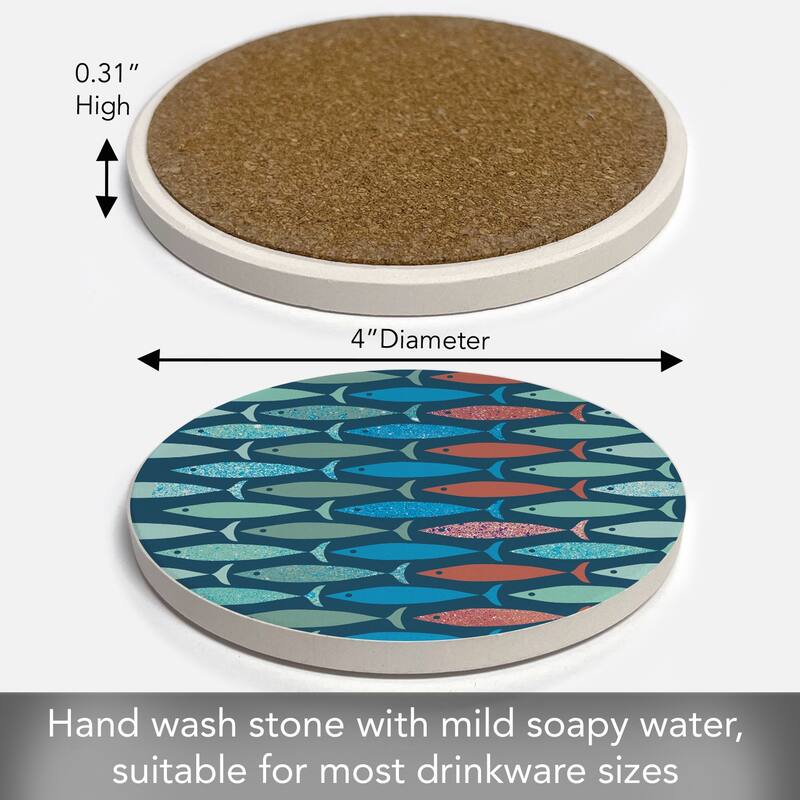 Coastal Fish 4 Pack Absorbent Stone Coaster with Protective Cork Backing Made in The USA 4" Round, Easily Wipes Clean
