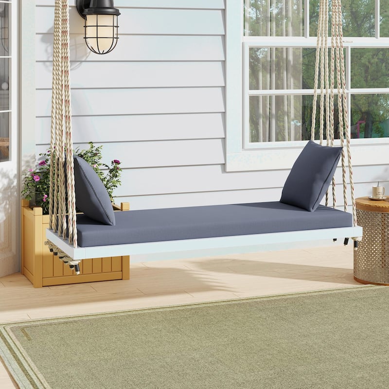 Patio Wooden Swing Chair, Hanging Porch Swing Bench with Cushion & Pillows, 10.8Ft Hemp Ropes - White