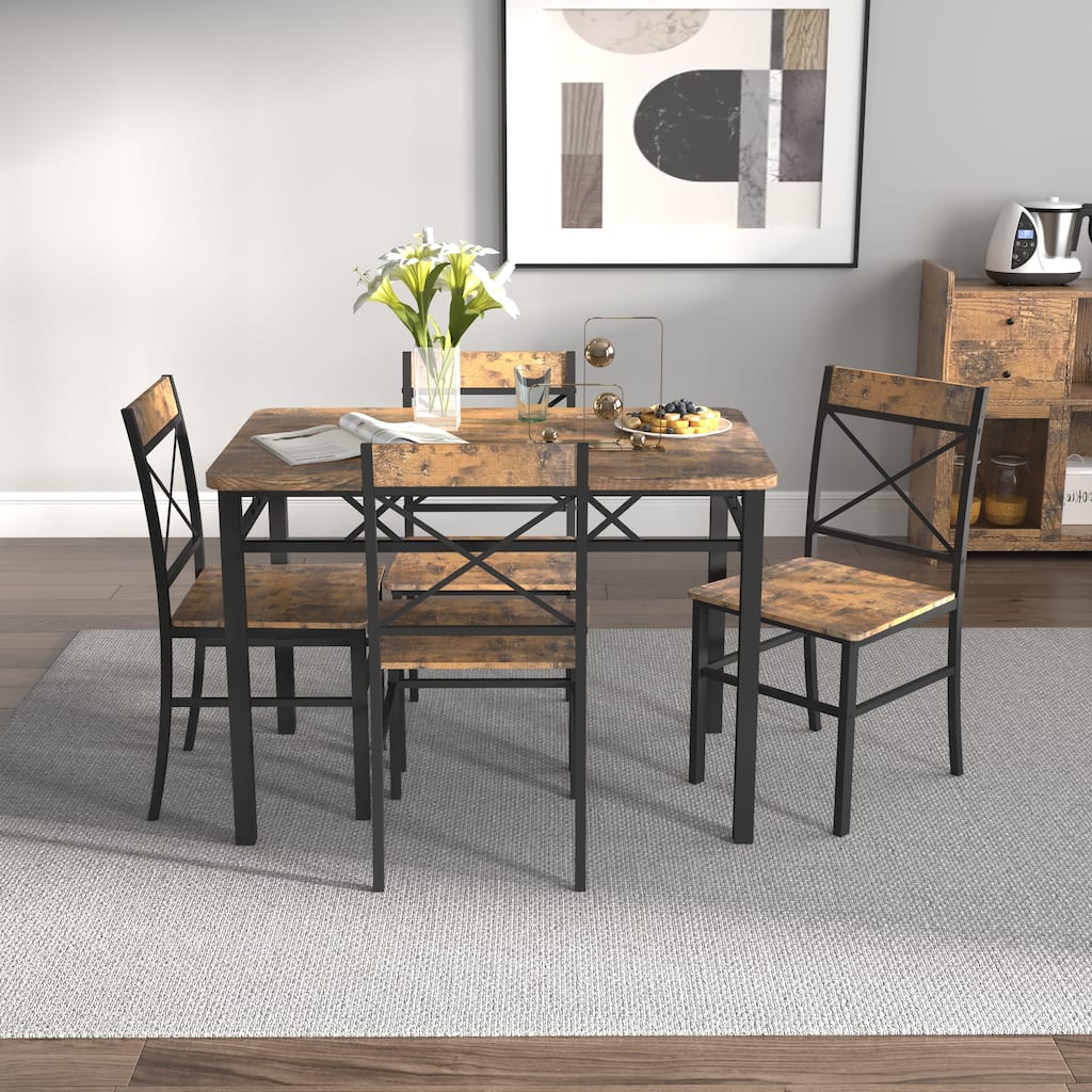 3-Piece Industrial Dining Table Set Breakfast Nook, Black Brown Kitchen Table Set with 2 Dining Chairs