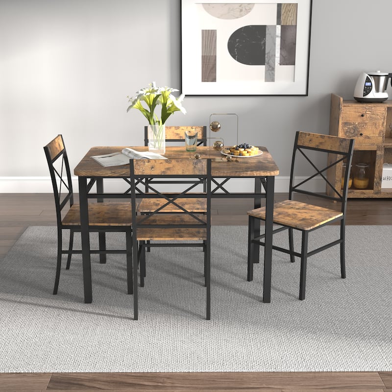 6-Piece Wood Grain Dining Table Set with Bench and Waterproof Curved Backrest Chairs, Anti-Slip Footpads Gray - Black+Brown