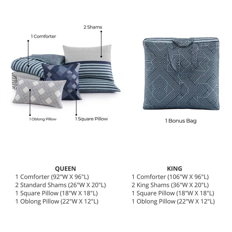 Bebejan Blue Geo Lines 100% Cotton Sateen5 Piece Reversible Comforter Set