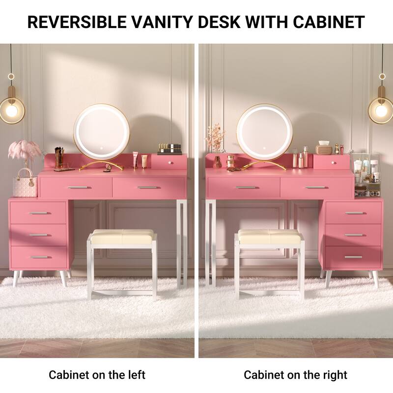Makeup Vanity Desk with Stool and LED Mirror, Modern Makeup Table Vanity Desk with 6 Storage Drawers