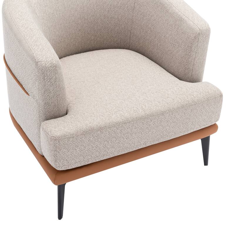 Two-Tone Barrel Fabric Accent Chair, Ergonomic Linen Upholstered Round Armchair, Lounge Reading Chair with Metal Legs