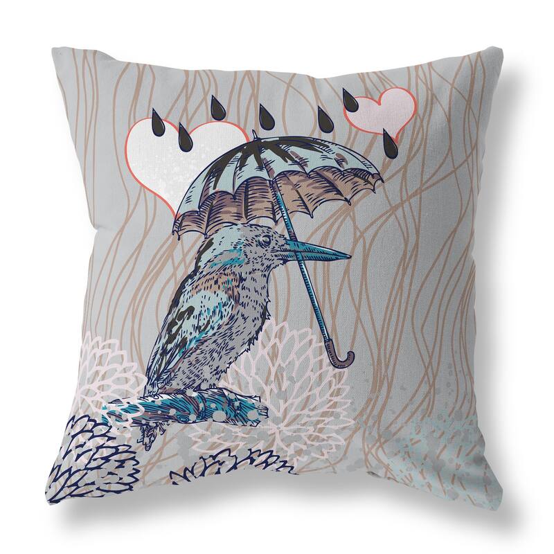 Silver And Brown Bird with Umbrella Indoor/Outdoor Throw Pillow Zipper