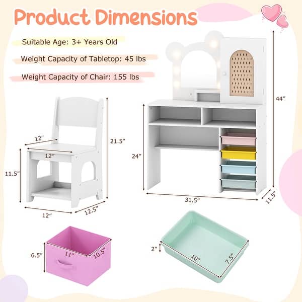 dimension image slide 1 of 2, Costway Kids Vanity with Lights with 5 Drawers & 2 Compartments, - See Details