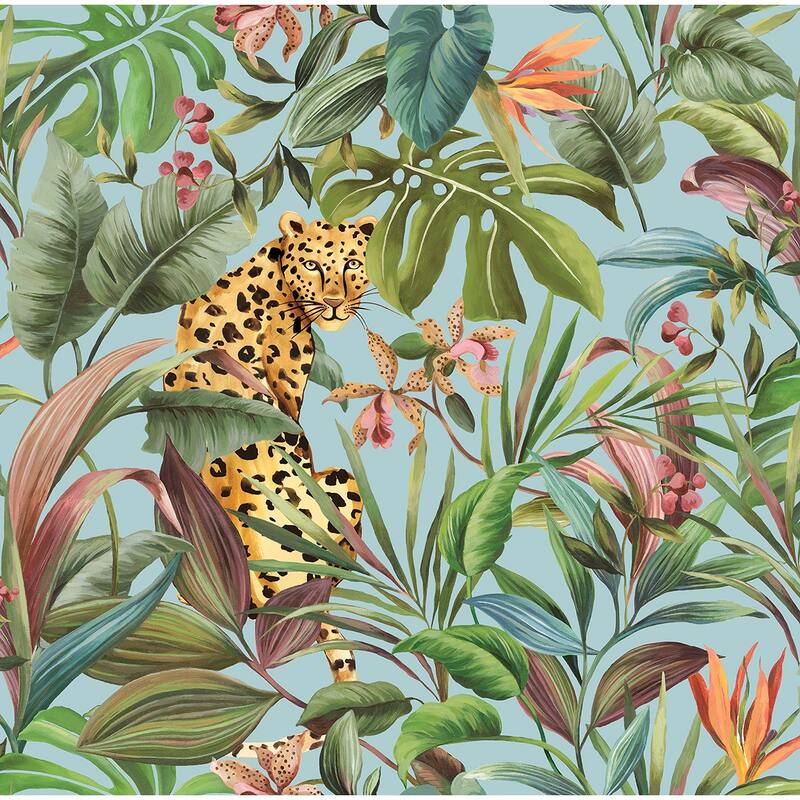 Daisy Bennett Designs Tropical Leopard Peel and Stick Wallpaper - 27 in. W x 18 ft. L - Gloss Sky Blue