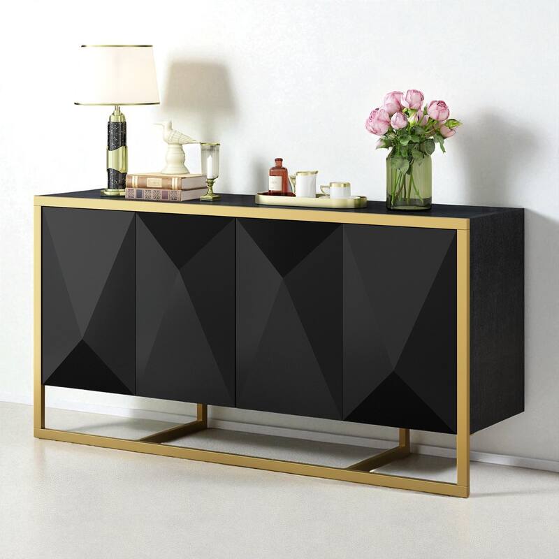 Modern Mahogany Veneer Sideboard Cabinet with Metal Legs and Irregular Doors for Entryway or Foyer