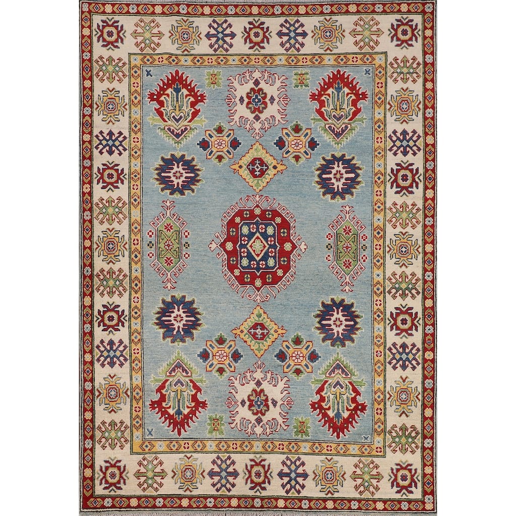 Light Blue Kazak Area Rug Handmade Traditional Wool Carpet - 5'1" x 6'11"