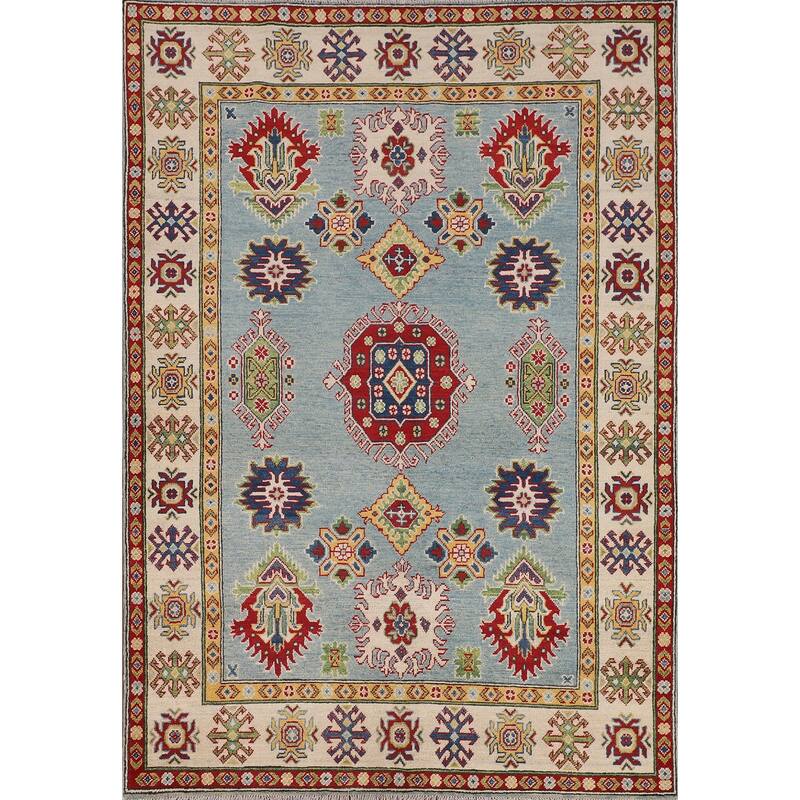 Light Blue Kazak Area Rug Handmade Traditional Wool Carpet - 5'1" x 6'11"