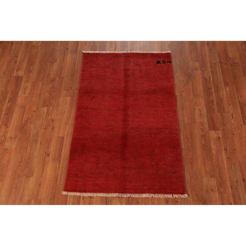 Modern Gabbeh Oriental Rug Hand-Knotted Solid Red Wool Carpet - 2'6" x 4'0"