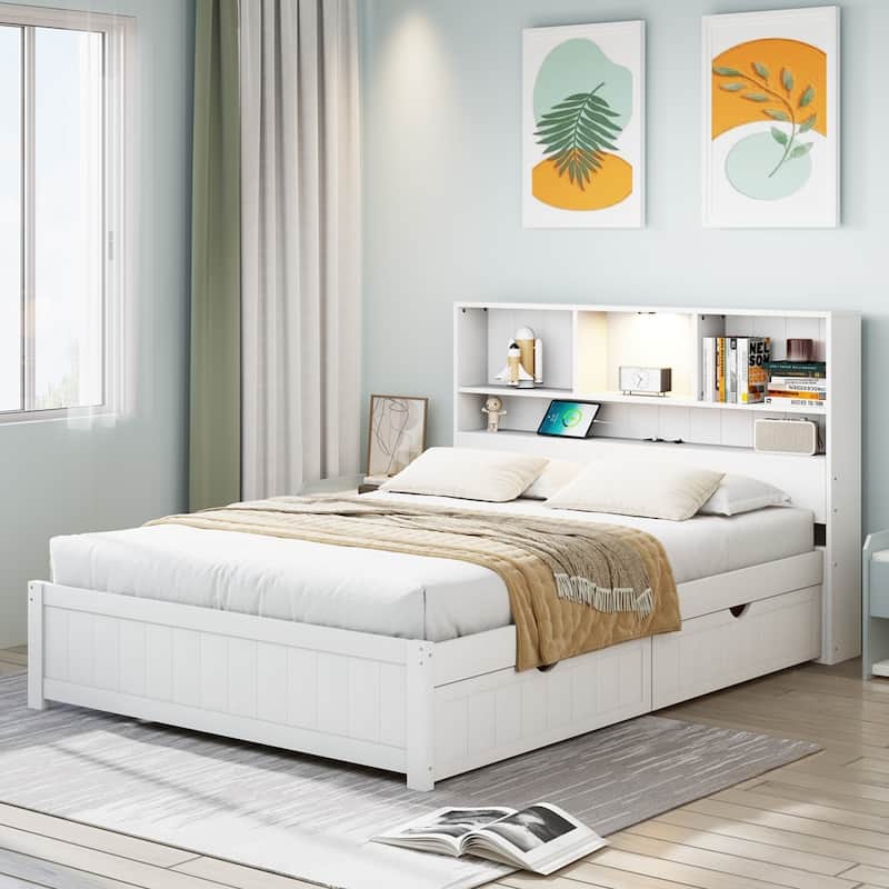 Wooden Platform Bed with Bookcase Headboard and 2 Side Drawers