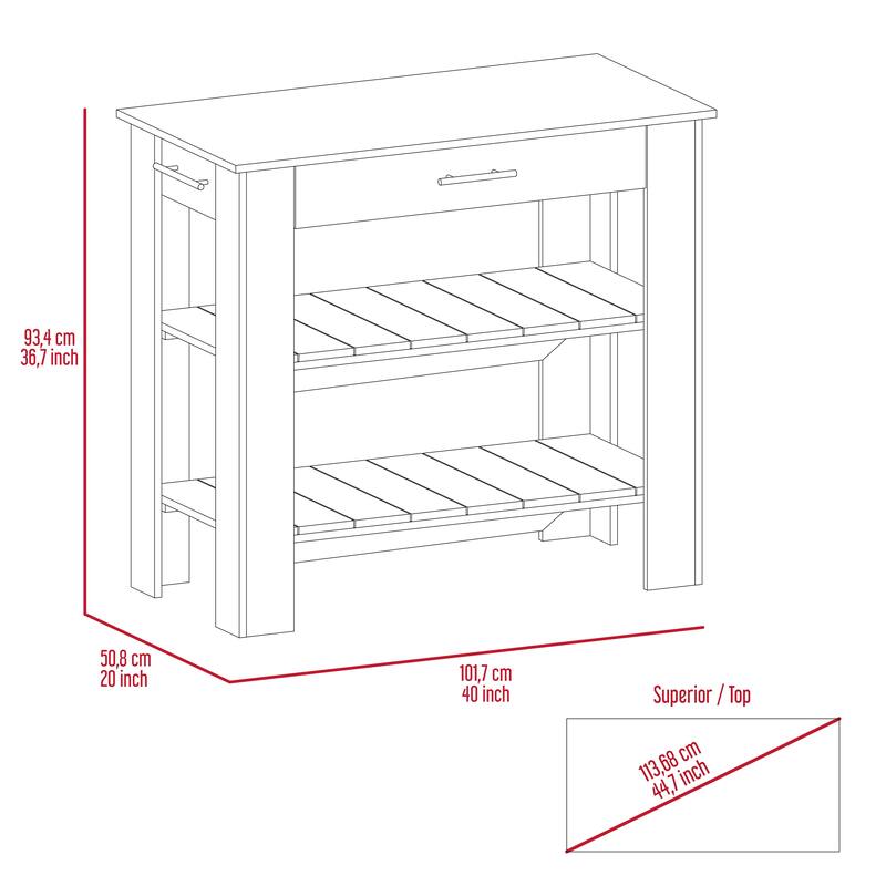 "Modern Kitchen Island with 1 Drawer, 2 Open Shelves, Towel Hanger, 37" High, Black & Light Oak"