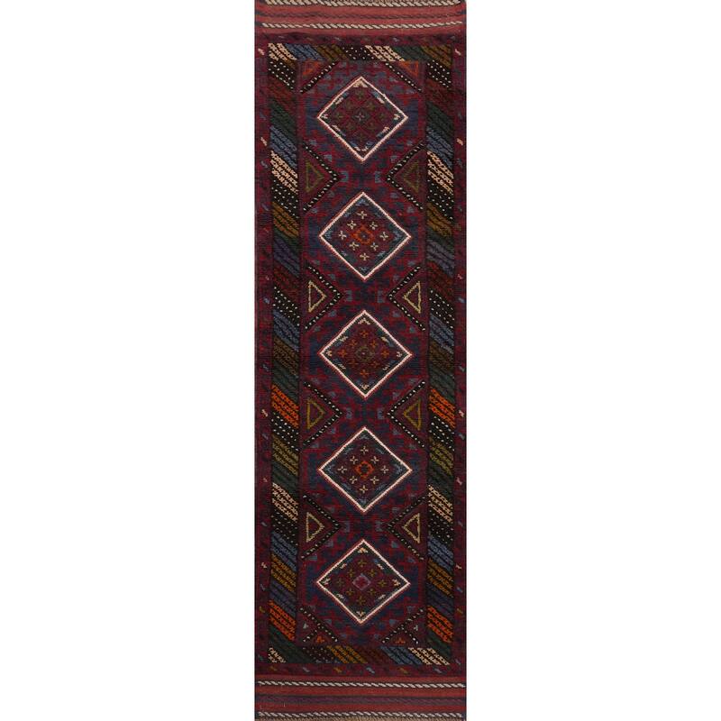 Hand Knotted Oriental 100% Wool Carpet Traditional Tribal Navy Blue & Blues Balouch Runner Rug - 7' 10'' X 1' 11''