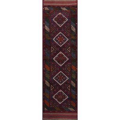 Hand Knotted Oriental 100% Wool Carpet Traditional Tribal Navy Blue & Blues Balouch Runner Rug - 7' 10'' X 1' 11''