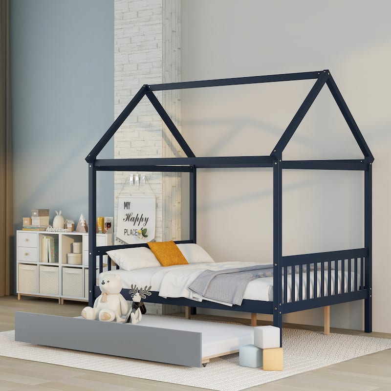 Blue Full Size Wood House Bed with Trundle, Roof and Fence for Kids, Boys and Girls