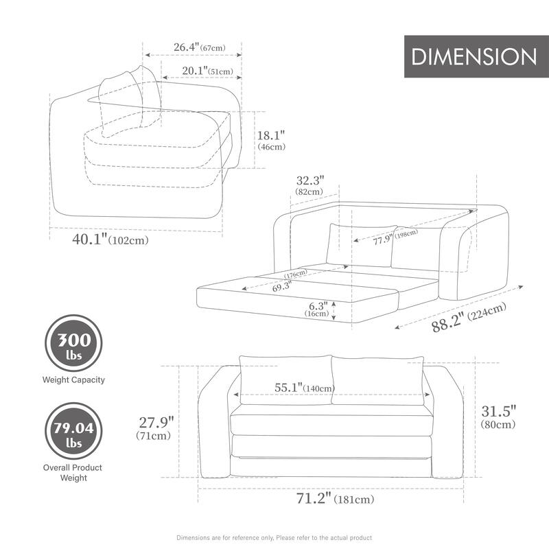 71.2"W 2-in-1 Foldable Pull Out Loveseat Sofa Bed Equipped with Armrest & Backrest Pillows