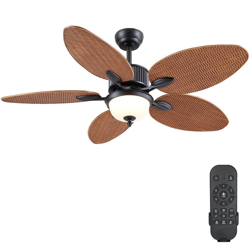 50 Inch Tropical Ceiling Fan with Palm Leaf Blades Glass Cover Remote Control Waterproof for Indoor and Outdoor Patio - Brown