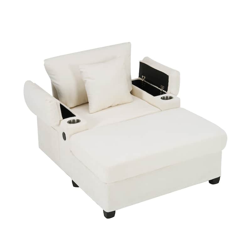 Chenille Oversized Accent Chair with Ottoman, USB Charging Ports and Convertible Sofa Bed Design