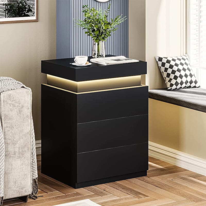 Bedroom Nightstand Charging Station LED Lights Sliding Top 3 Drawers