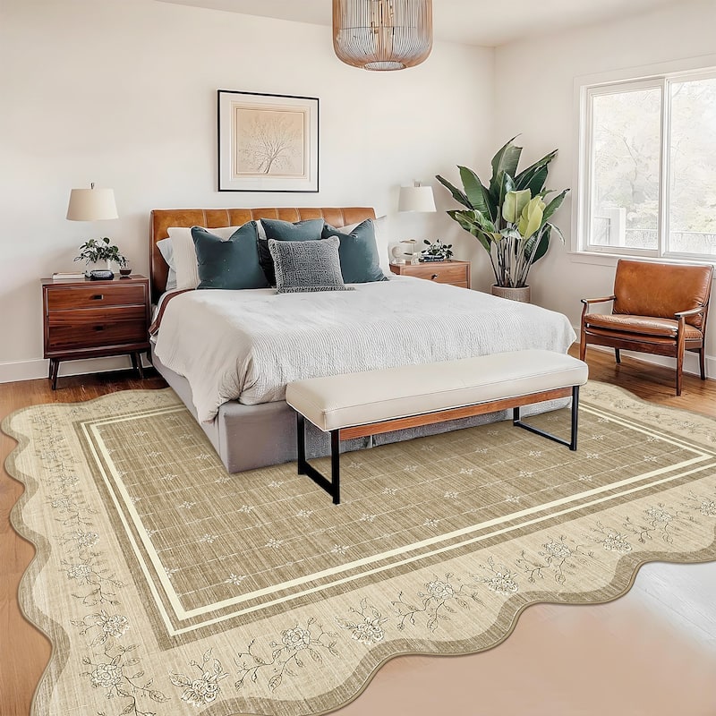 Garvee Scalloped Rose Floral Bordered Area Rug