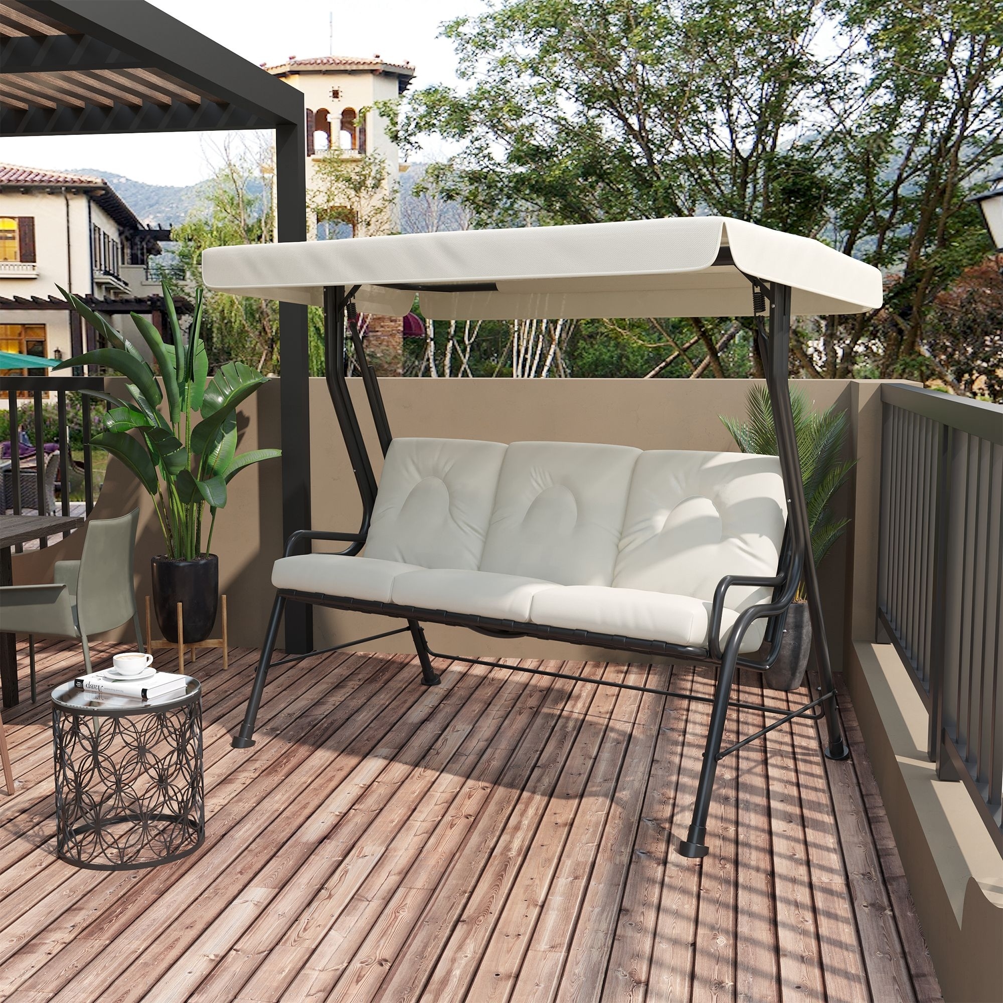 Outsunny Outdoor Patio Porch Swing Bench with Included Adjustable Shade Awning Comfort Padded Seating for Three People On Sale Bed Bath Beyond 31010103