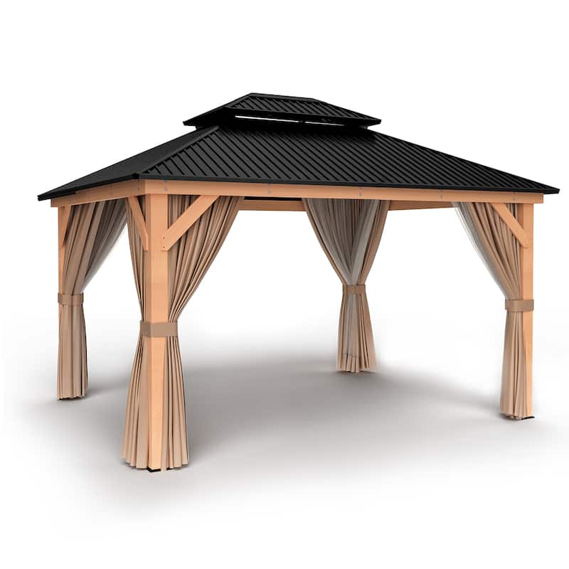 11 ft. x 13 ft. Outdoor Double Roof Hardtop Wooden Patio Gazebo with Netting and Curtains