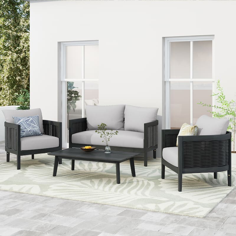 Burchett Outdoor Acacia Wood and Wicker 4 Seater Chat Set with Cushions by Christopher Knight Home - Polyester Grey Cushion