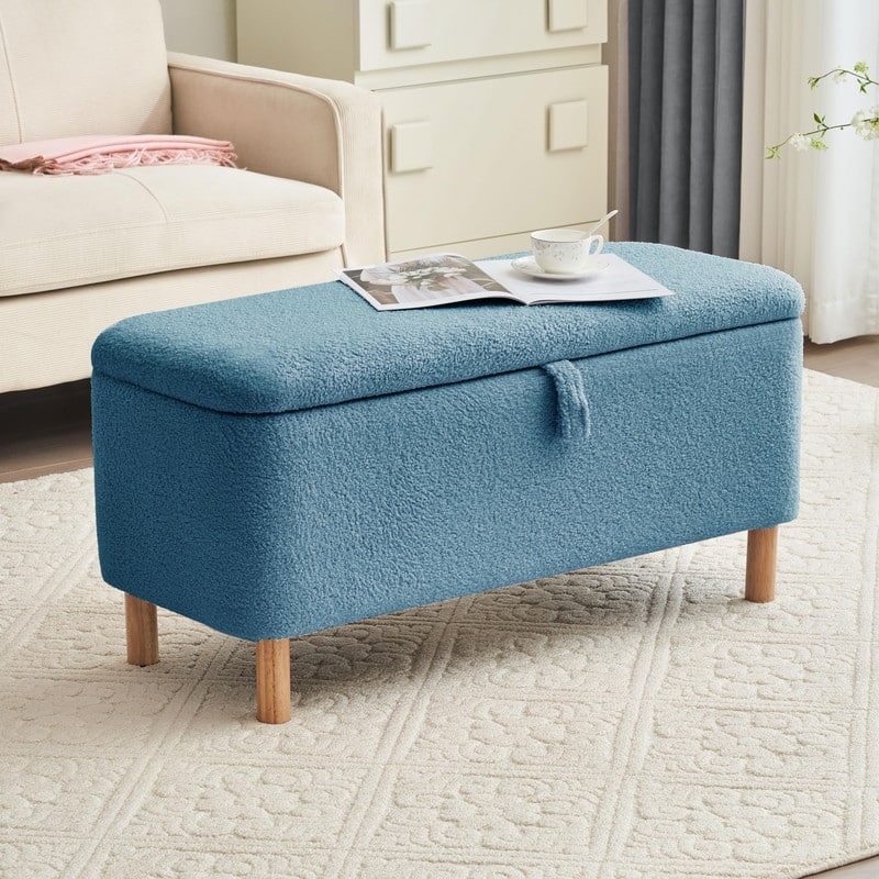39.5" Off White Boucle Storage Ottoman Bench Sherpa Storage Bench Ottoman Foot Rest End of Bed for Living Room Bedroom,Wood Leg