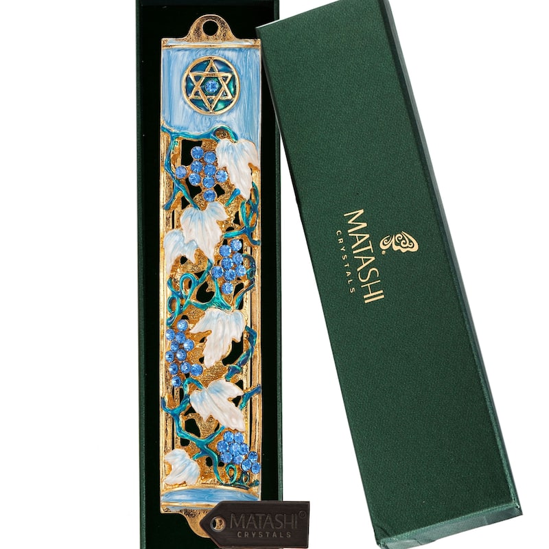 Matashi Hand Painted 6" Blue and Ivory Enamel Grape Mezuzah Embellished with Gold Accents and High Quality Crystals Home Decor