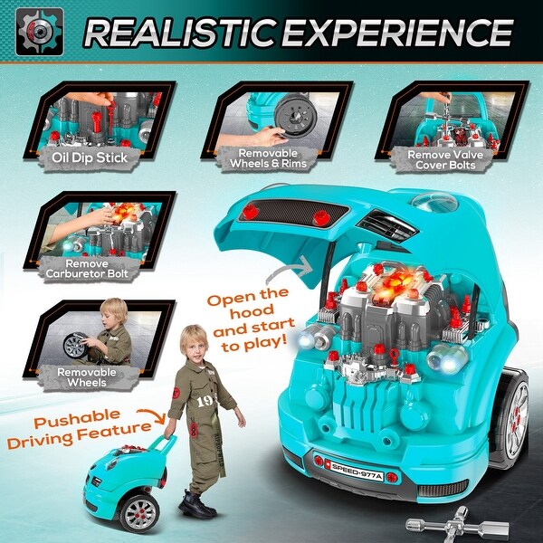 Kids Truck Engine Toy with 61 Pieces Realistic Sounds Light Horn and Engine Parts for Ages 3 5 Teal