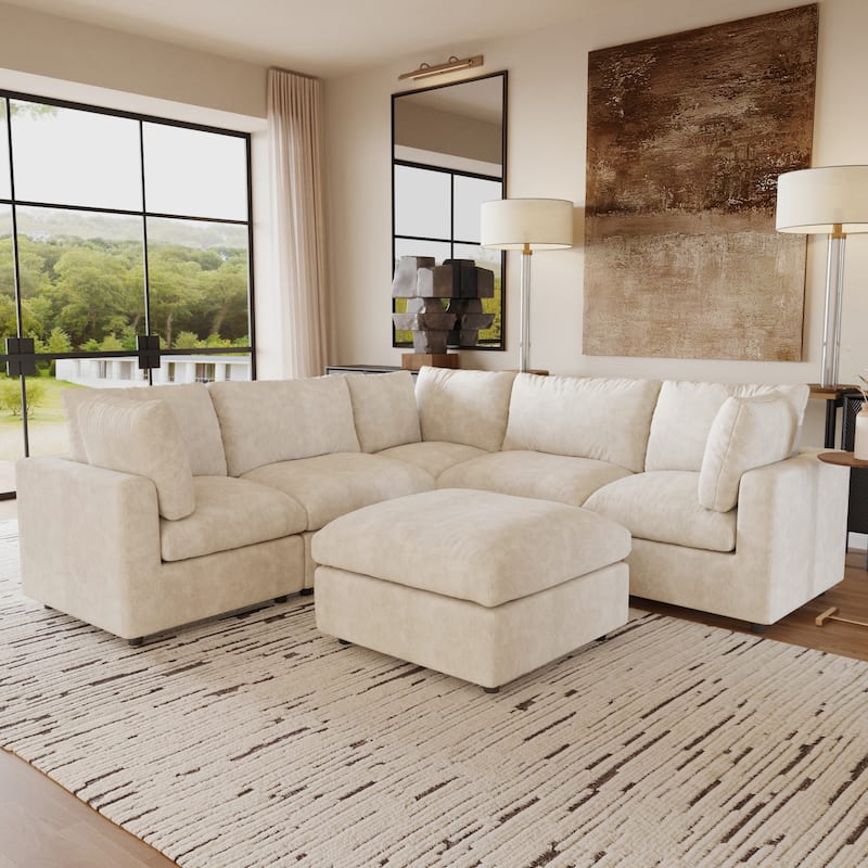 Cloud Couch Modular Sectional Sofa,100.5" V Shaped Couch,5 Seater for Living Room Set,Covers Washable&Replaceable - V Shaped Beige+Ottoman